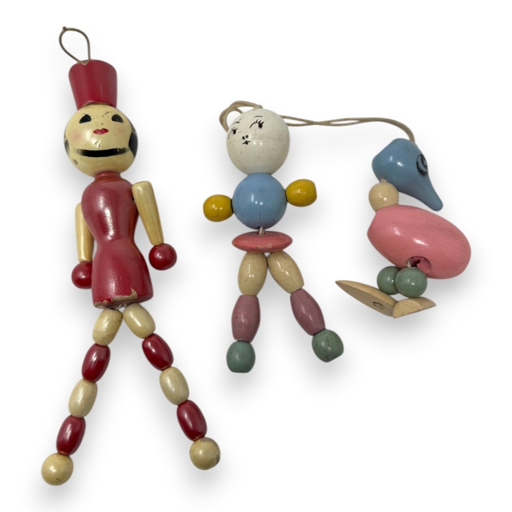 Lot of 3 Tom Tinker Wooden Beads Crib Toy Baby 1940's Great Condition